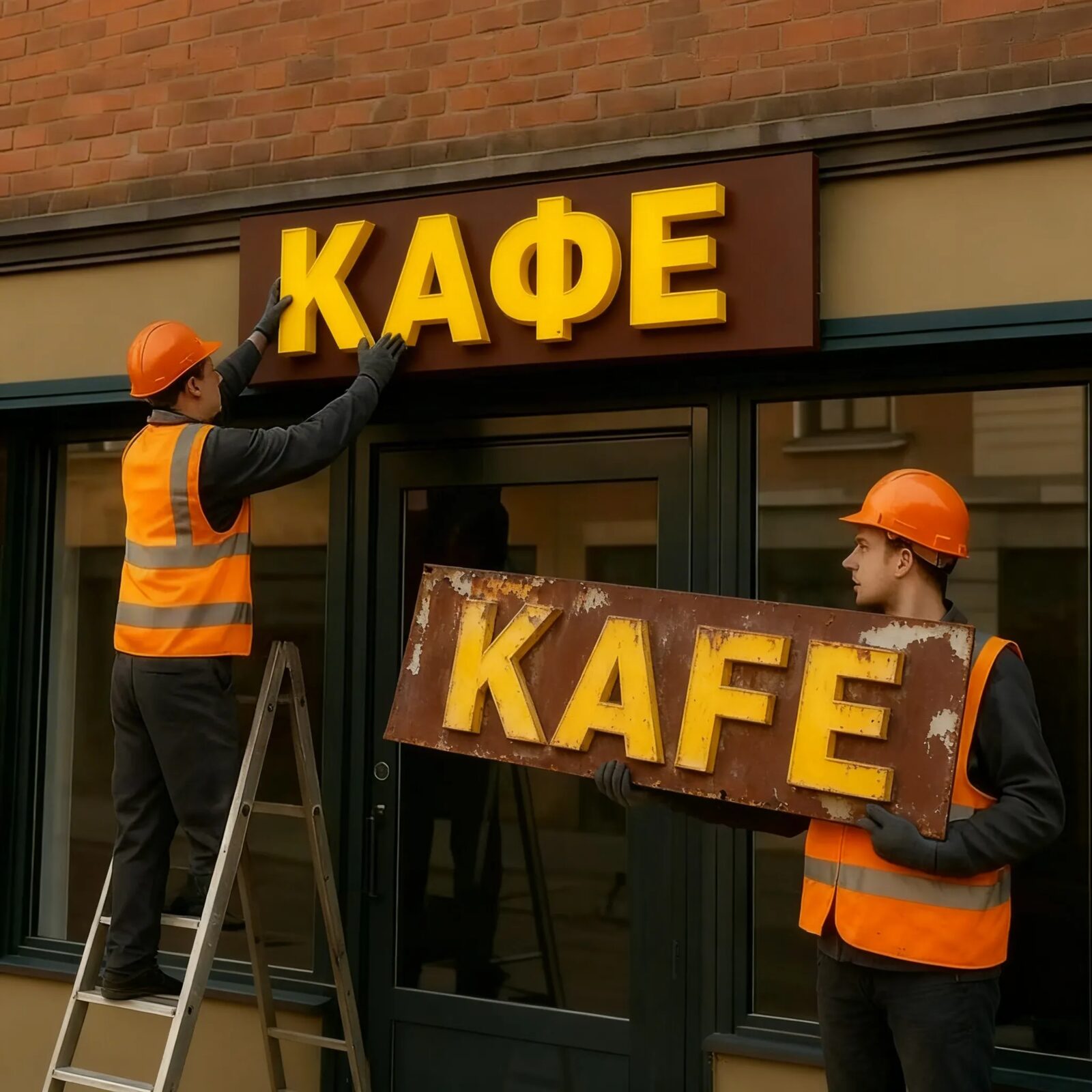 Замена вывески KAFE на КАФЕ — перевод на русский язык