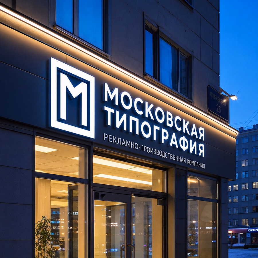 Вывеска после ремонта — яркое свечение вечером