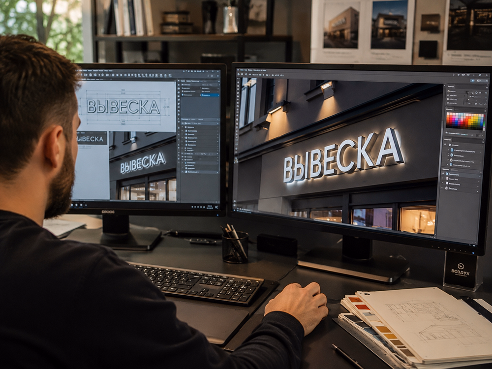 Дизайн-макет и 3D-визуализация объёмных букв на фасаде