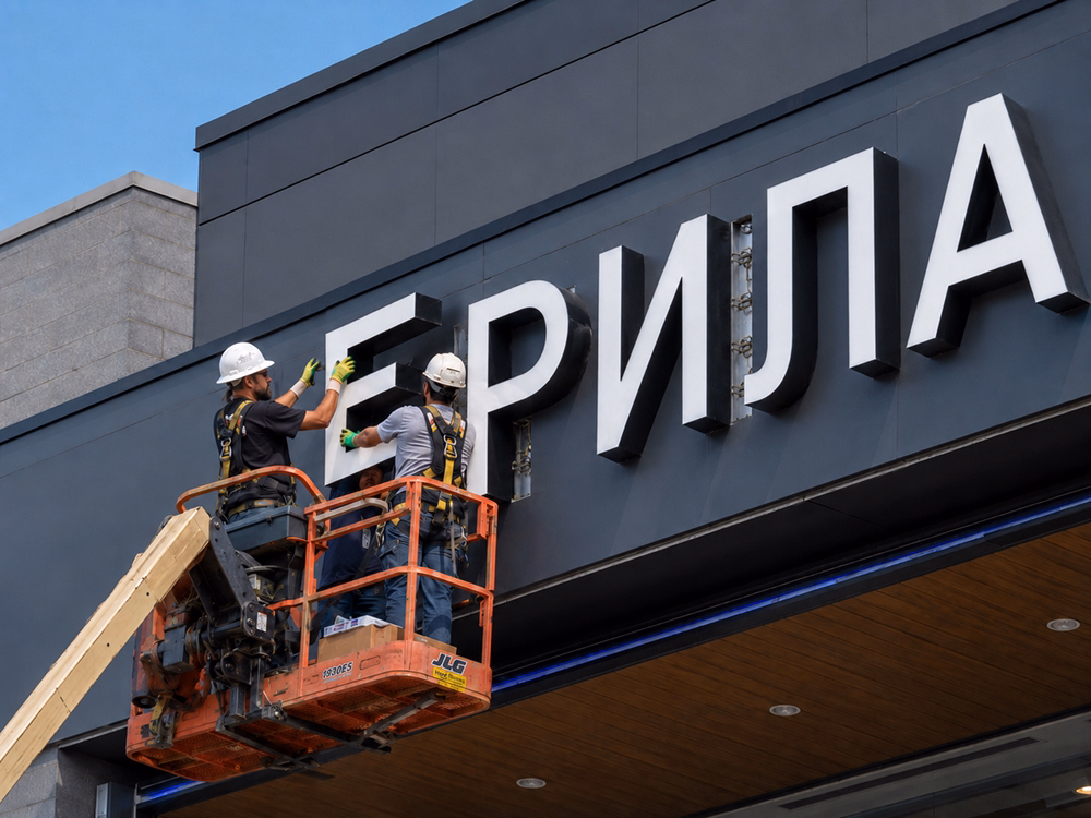 Монтаж объёмных букв на фасаде с подъёмником